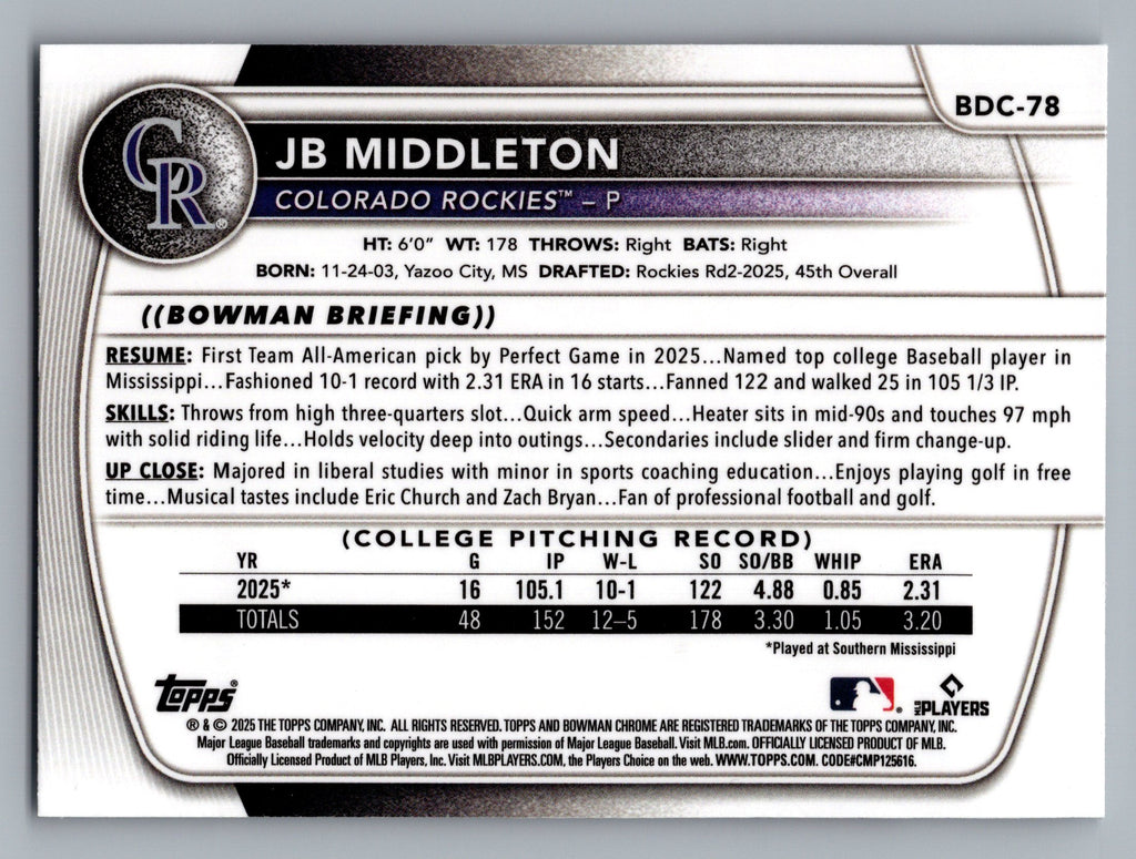2025 Bowman Draft #BDC-78 JB Middleton Chrome Mojo Refractor
