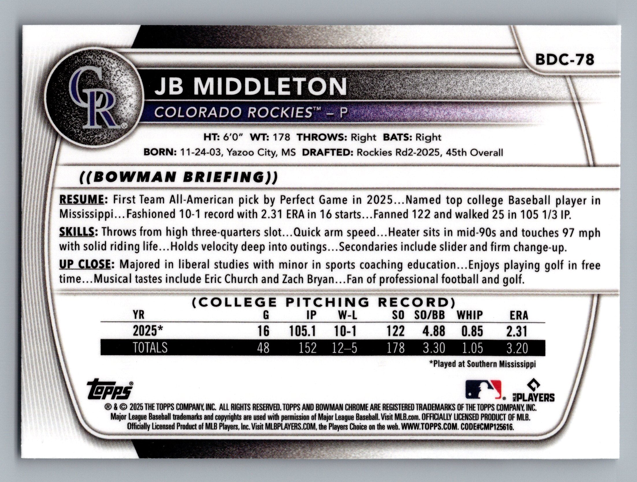 2025 Bowman Draft #BDC-78 JB Middleton Chrome Mojo Refractor