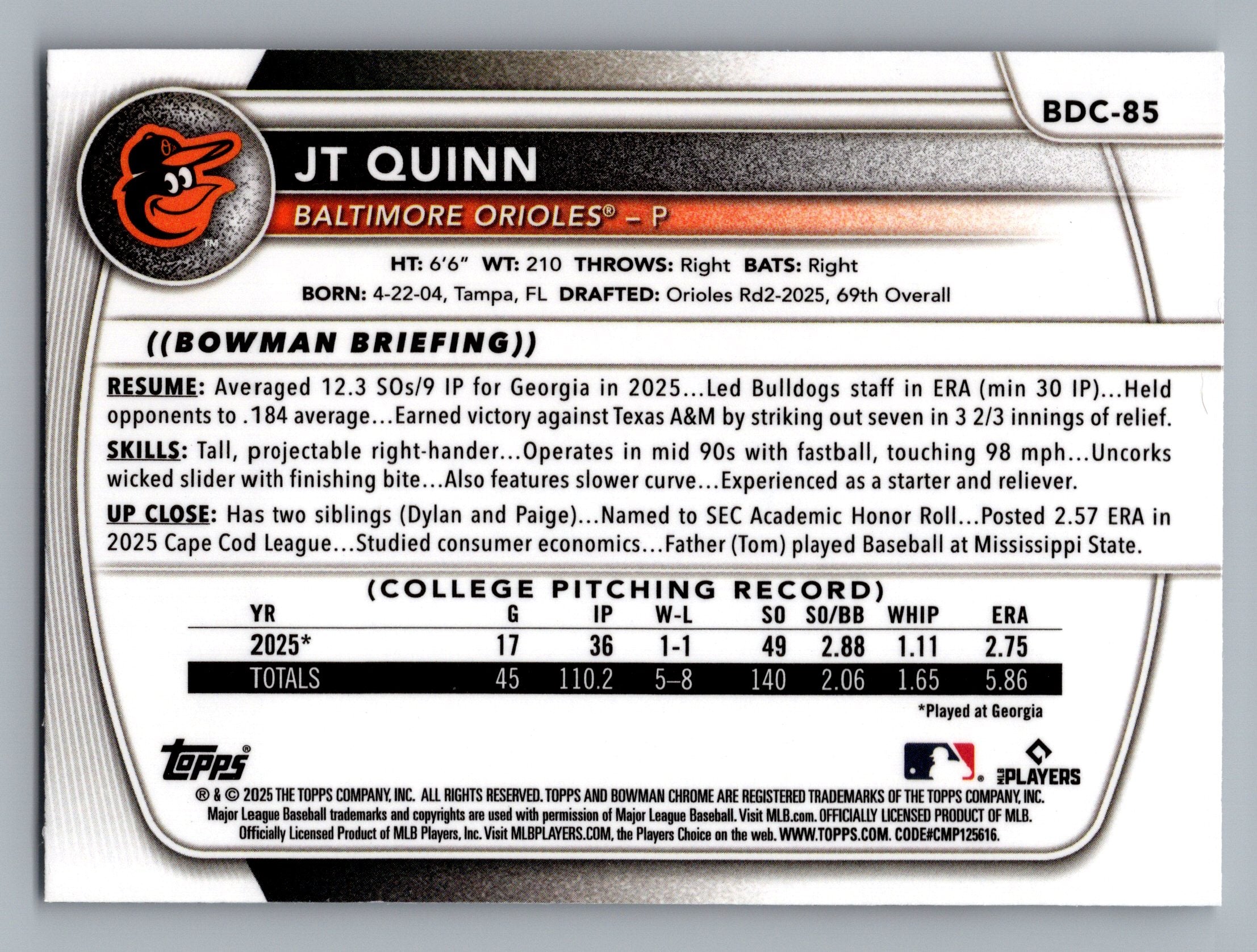 2025 Bowman Draft #BDC-85 JT Quinn Chrome Mojo Refractor