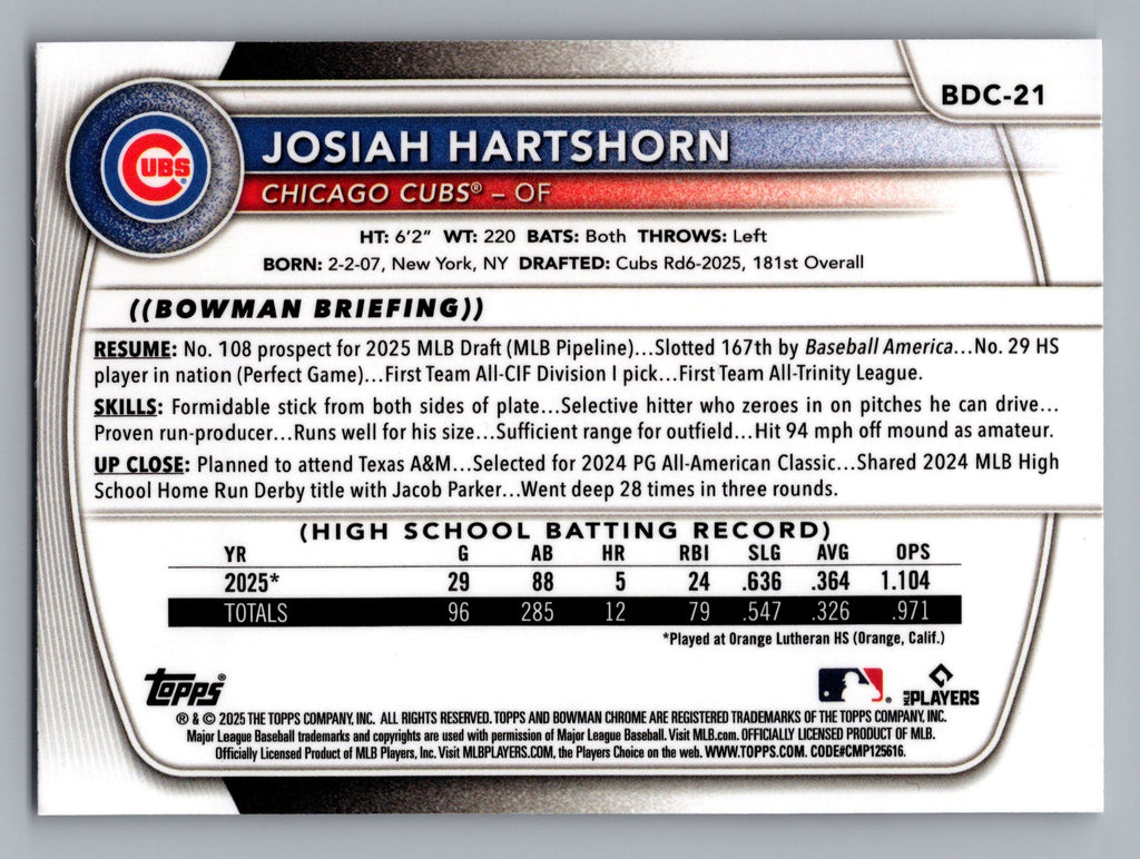 2025 Bowman Draft #BDC-21 Josiah Hartshorn Chrome Mojo Refractor