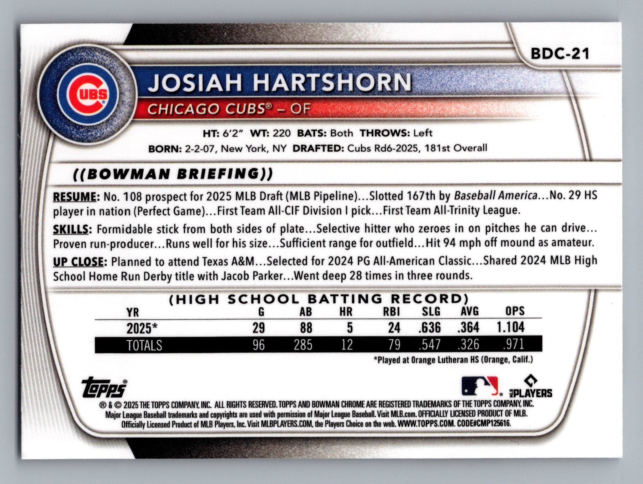 2025 Bowman Draft #BDC-21 Josiah Hartshorn Chrome Mojo Refractor