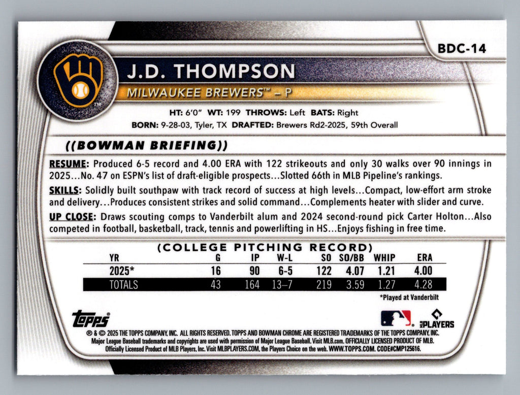 2025 Bowman Draft #BDC-14 JD Thompson Chrome Mojo Refractor