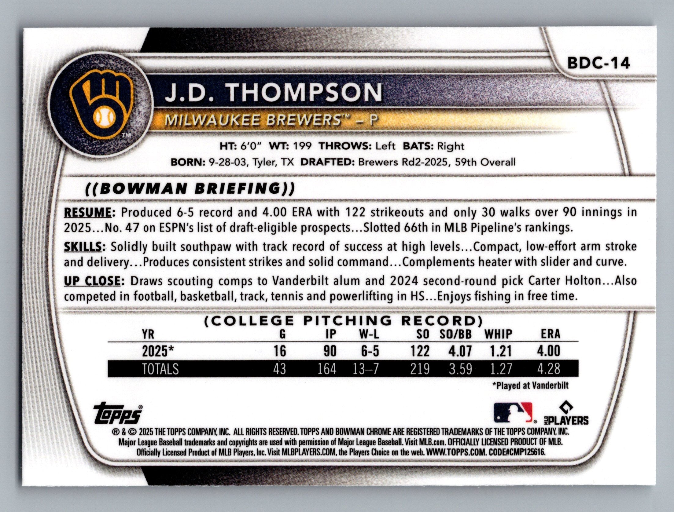 2025 Bowman Draft #BDC-14 JD Thompson Chrome Mojo Refractor