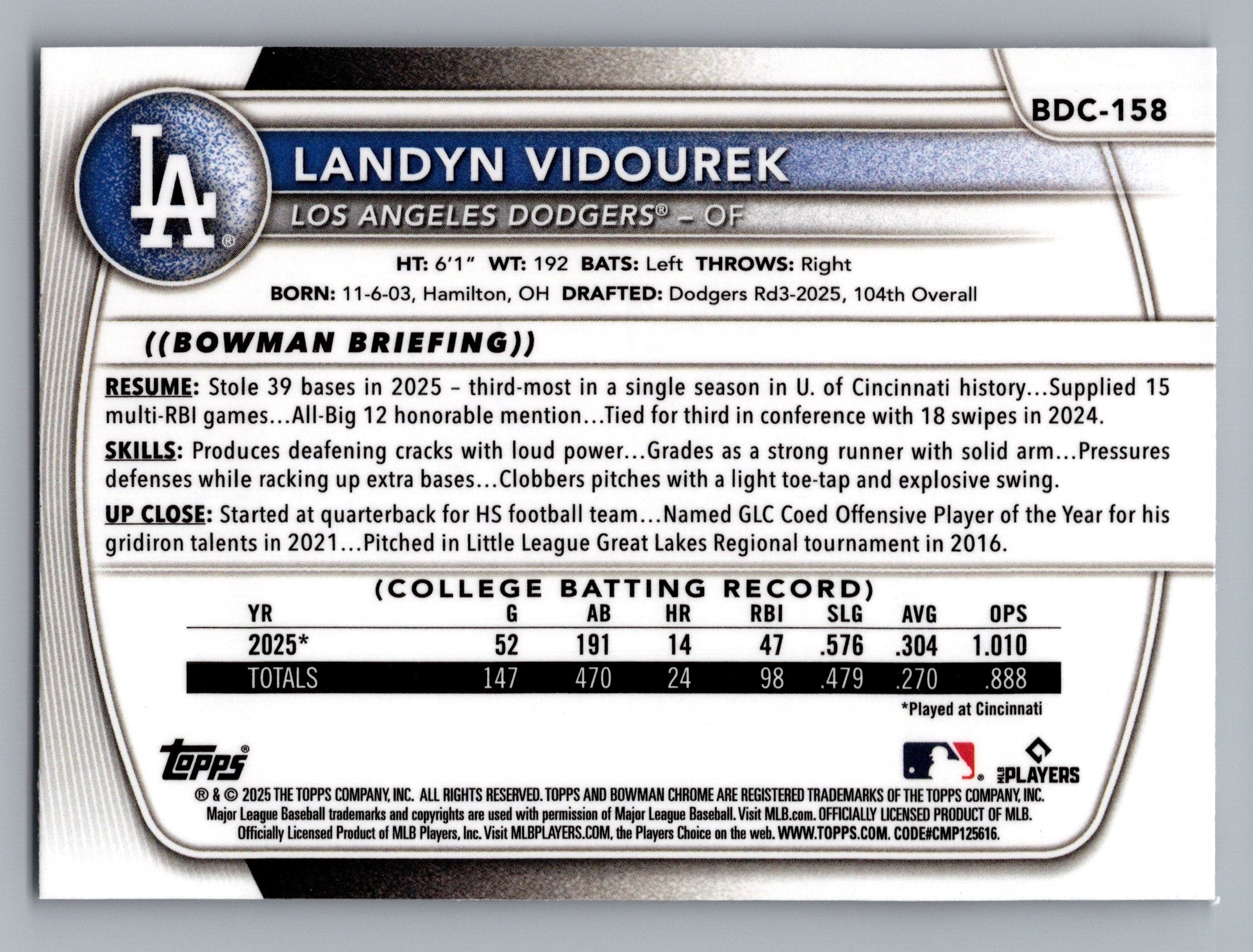 2025 Bowman Draft #BDC-158 Landyn Vidourek Chrome Mojo Refractor