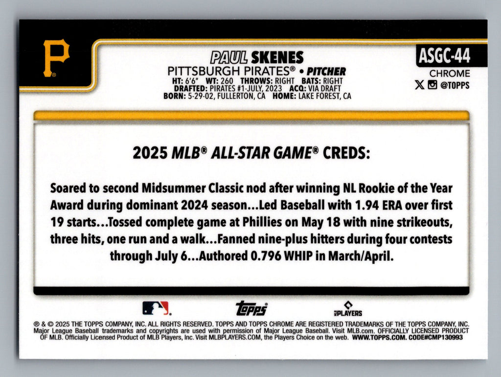 2025 Topps Chrome Update #ASGC-44 Paul Skenes 2025 All-Star Game
