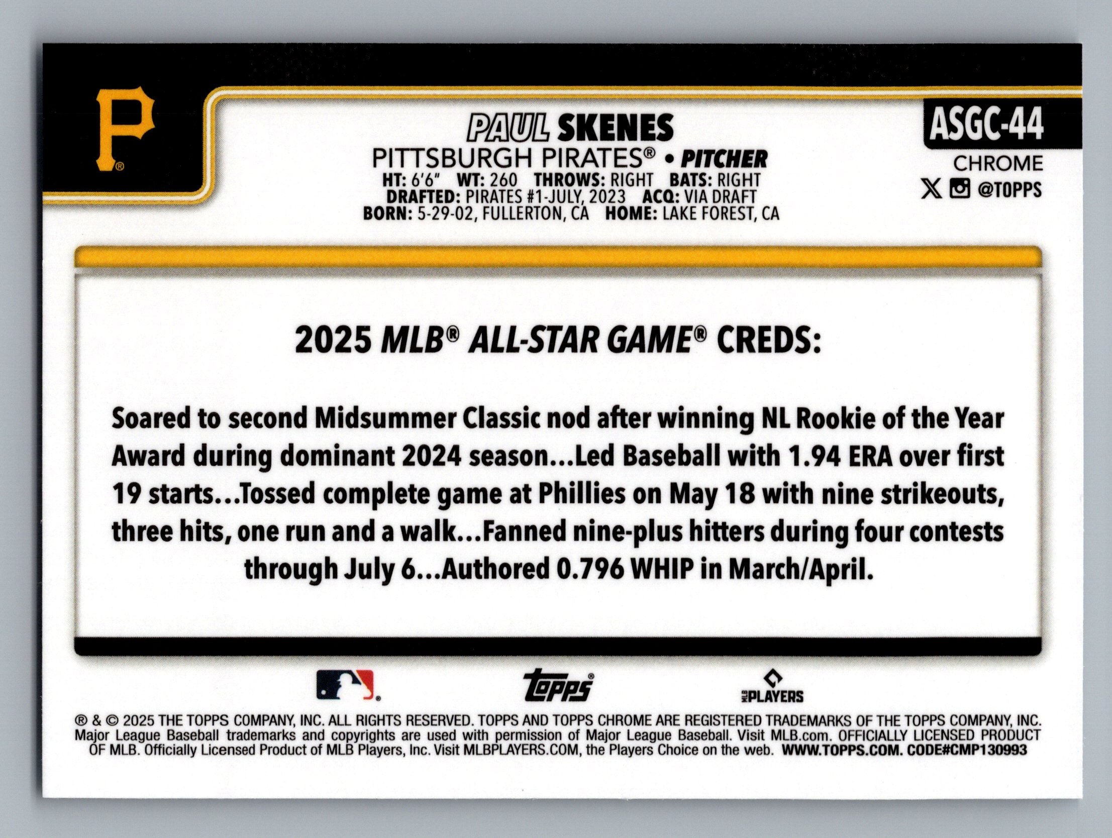 2025 Topps Chrome Update #ASGC-44 Paul Skenes 2025 All-Star Game