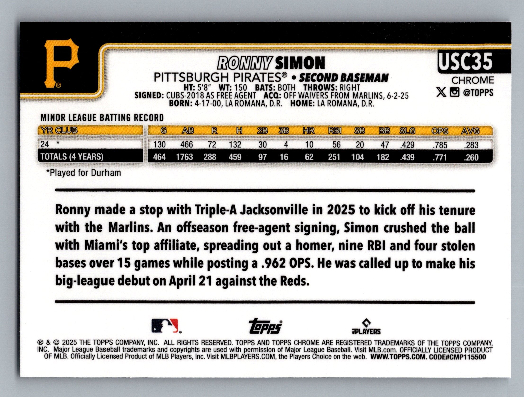 2025 Topps Chrome Update #USC35 Ronny Simon X-Fractors