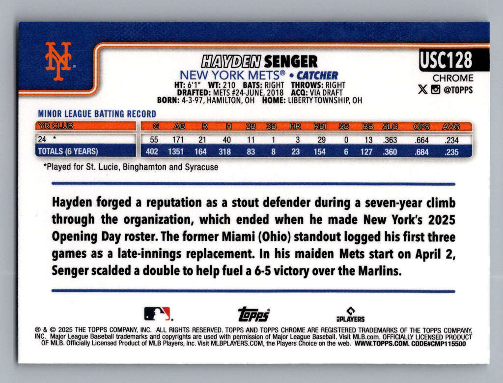 2025 Topps Chrome Update #USC128 Hayden Senger X-Fractors