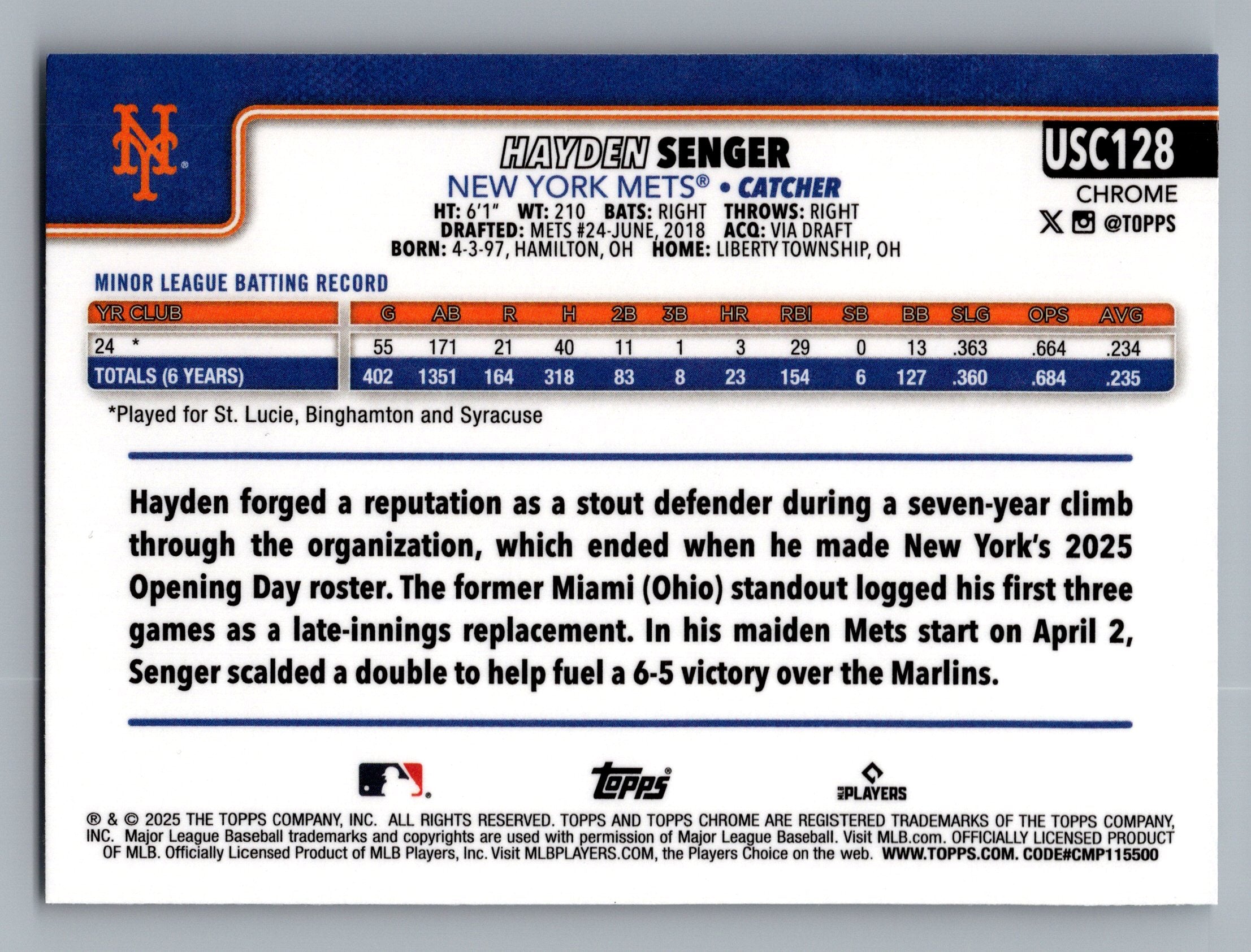 2025 Topps Chrome Update #USC128 Hayden Senger X-Fractors