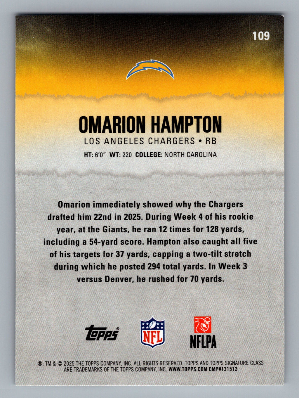 2025 Topps Signature Class #109 Omarion Hampton
