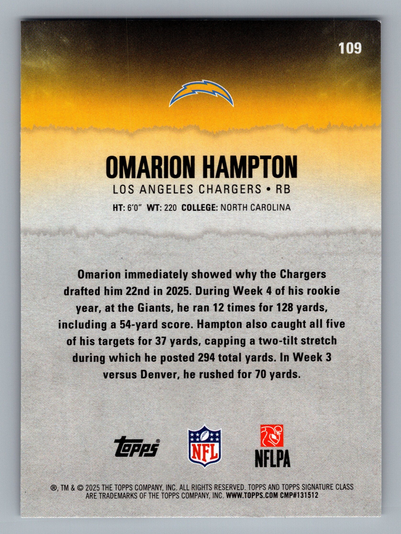 2025 Topps Signature Class #109 Omarion Hampton
