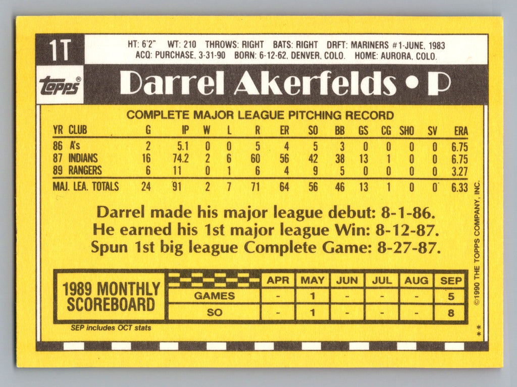 1990 Topps Traded #1T Darrel Akerfelds Gray Card Stock (Pack Version)