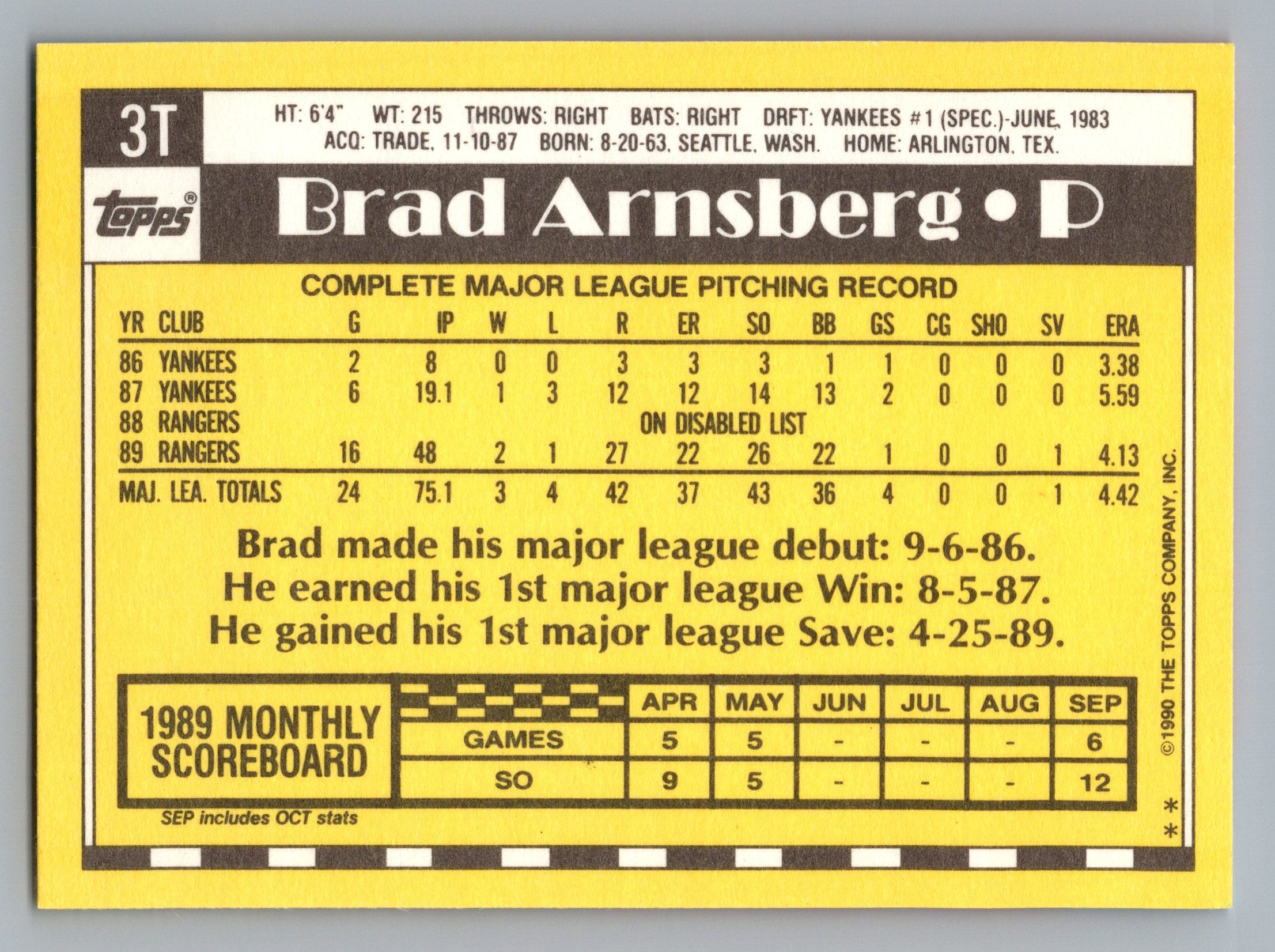 1990 Topps Traded #3T Brad Arnsberg