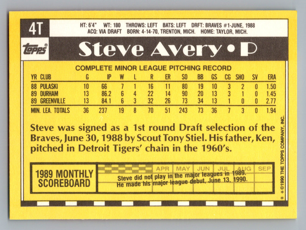 1990 Topps Traded #4T Steve Avery Gray Card Stock (Pack Version)