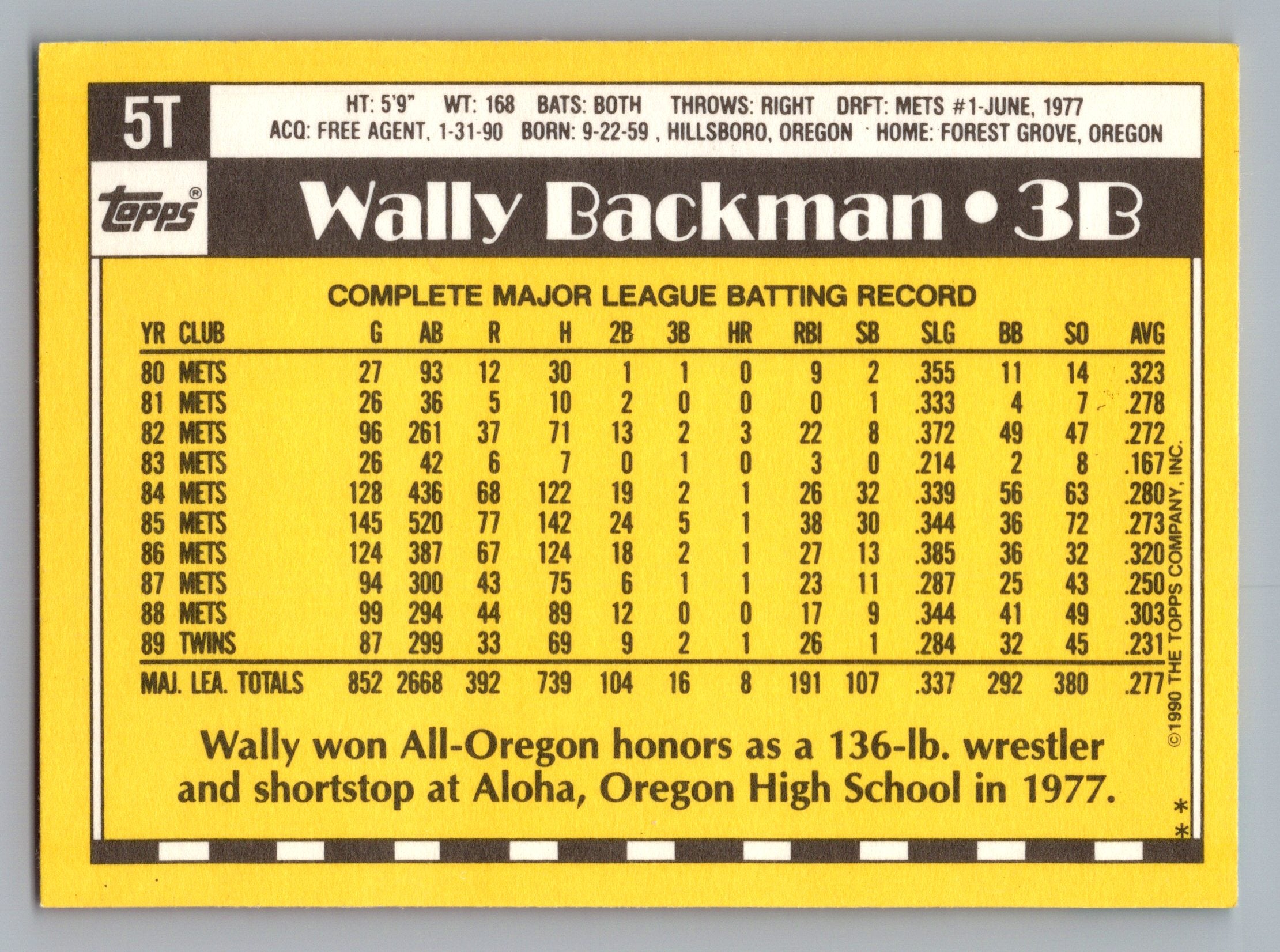 1990 Topps Traded #5T Wally Backman Gray Card Stock (Pack Version)