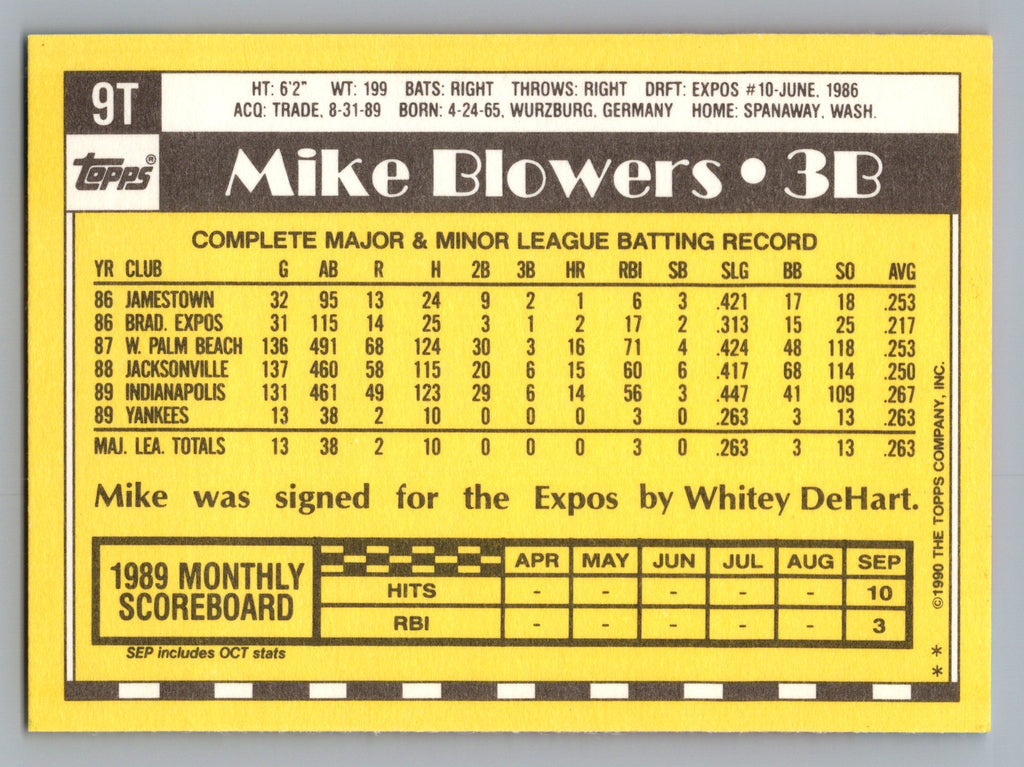 1990 Topps Traded #9T Mike Blowers Gray Card Stock (Pack Version)