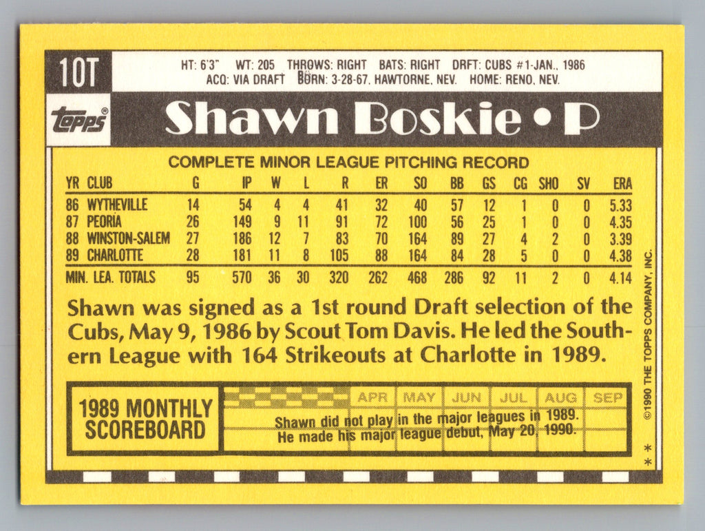 1990 Topps Traded #10T Shawn Boskie Gray Card Stock (Pack Version)