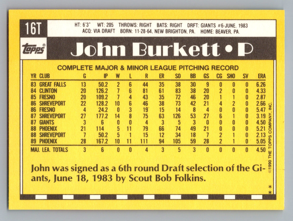 1990 Topps Traded #16T John Burkett Gray Card Stock (Pack Version)
