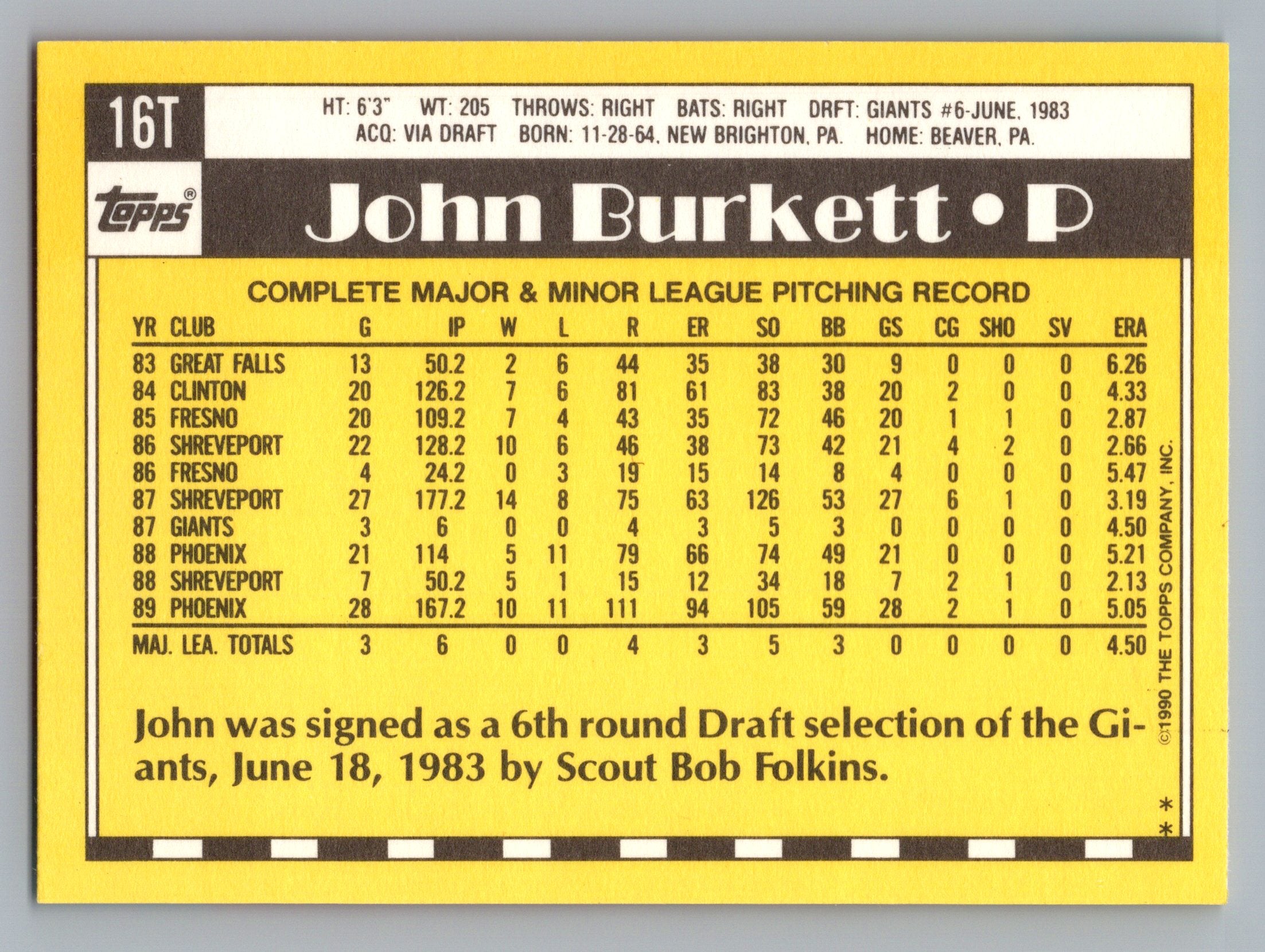 1990 Topps Traded #16T John Burkett Gray Card Stock (Pack Version)
