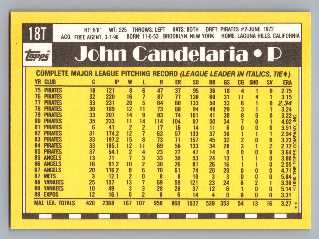 1990 Topps Traded #18T John Candelaria Gray Card Stock (Pack Version)