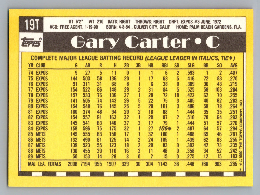 1990 Topps Traded #19T Gary Carter Gray Card Stock (Pack Version)