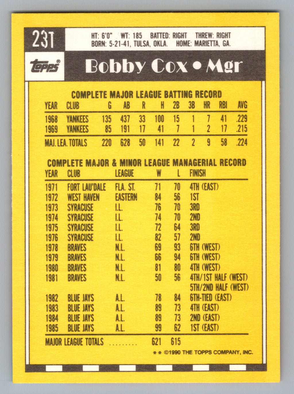 1990 Topps Traded #23T Bobby Cox Gray Card Stock (Pack Version)