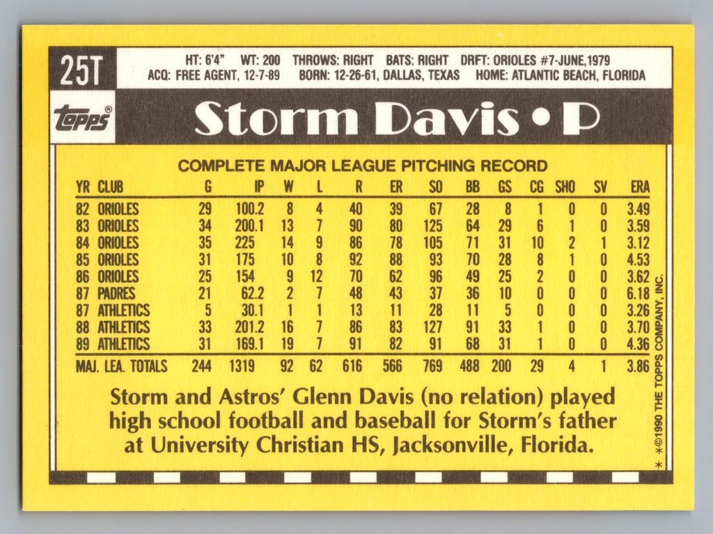 1990 Topps Traded #25T Storm Davis Gray Card Stock (Pack Version)