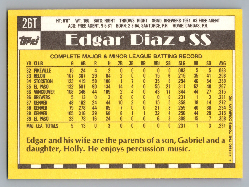 1990 Topps Traded #26T Edgar Diaz Gray Card Stock (Pack Version)