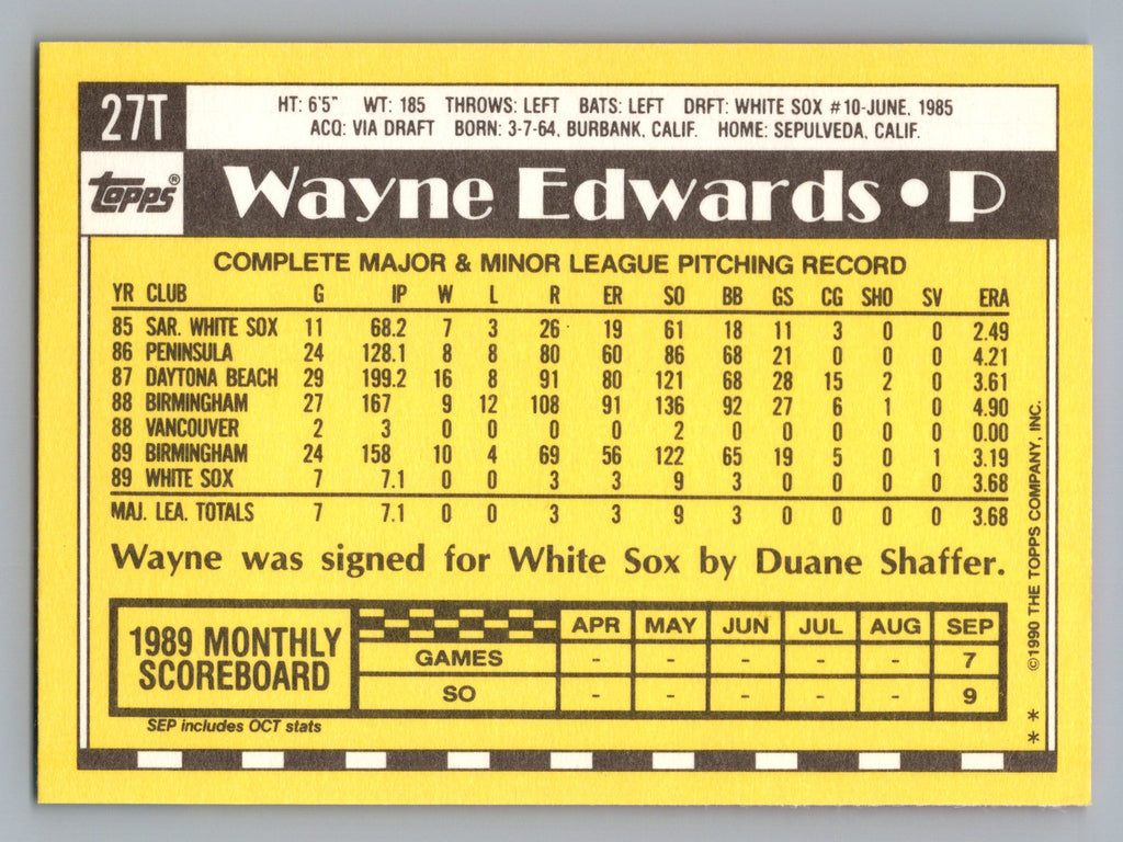 1990 Topps Traded #27T Wayne Edwards Gray Card Stock (Pack Version)