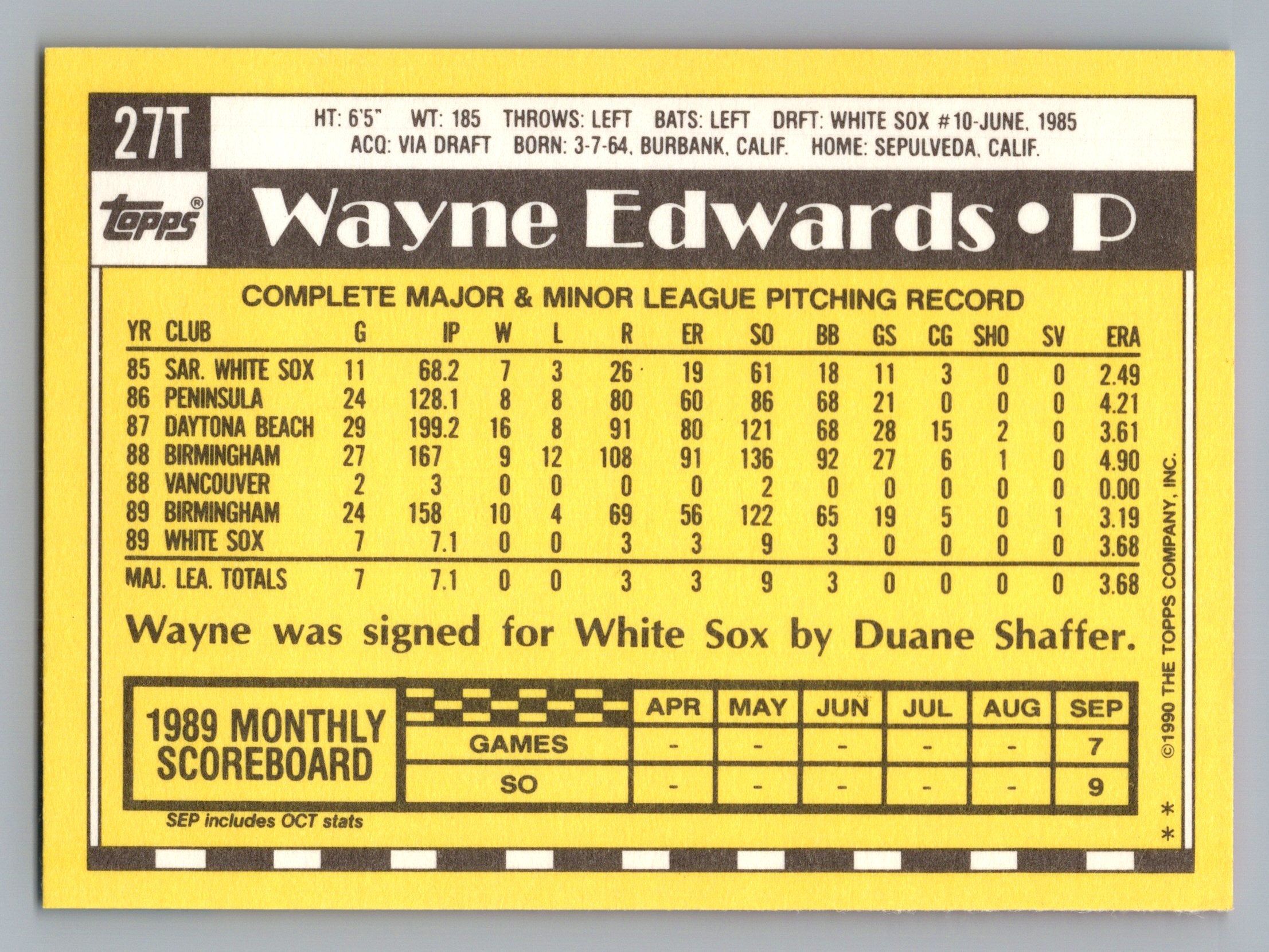 1990 Topps Traded #27T Wayne Edwards Gray Card Stock (Pack Version)