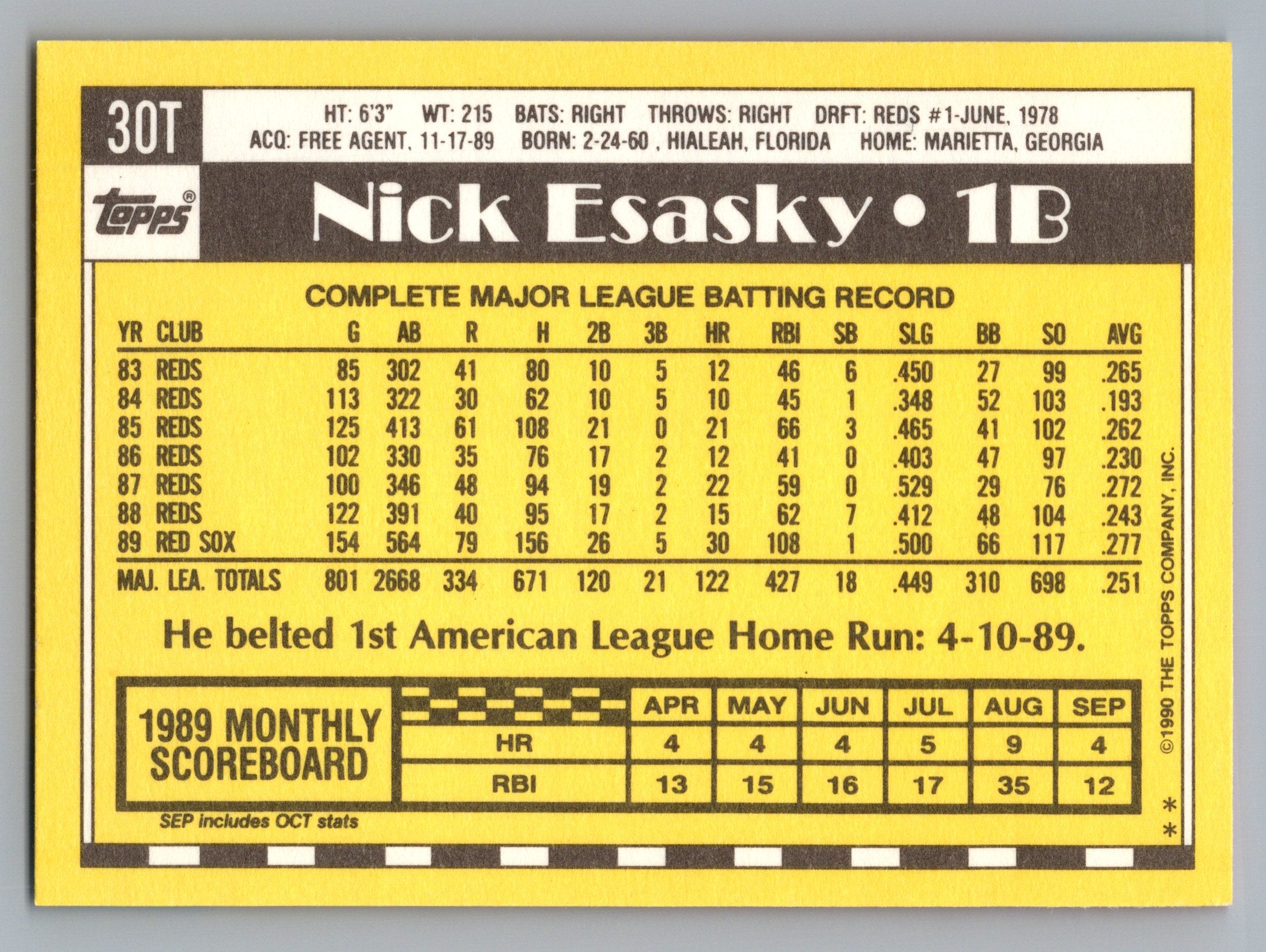 1990 Topps Traded #30T Nick Esasky Gray Card Stock (Pack Version)