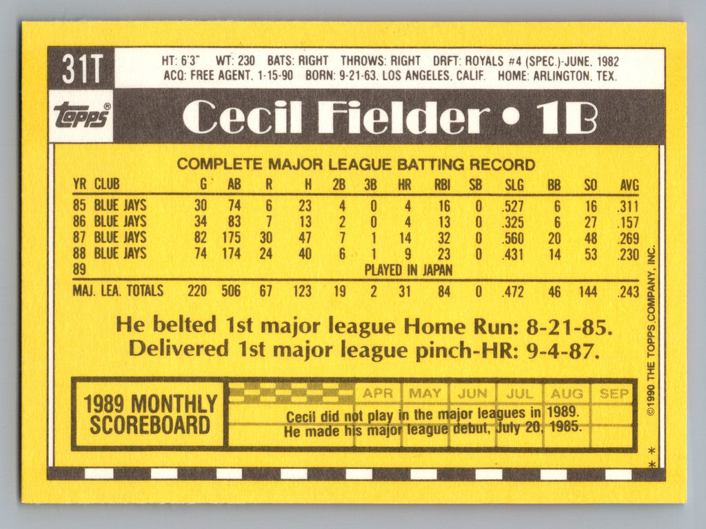 1990 Topps Traded #31T Cecil Fielder Gray Card Stock (Pack Version)
