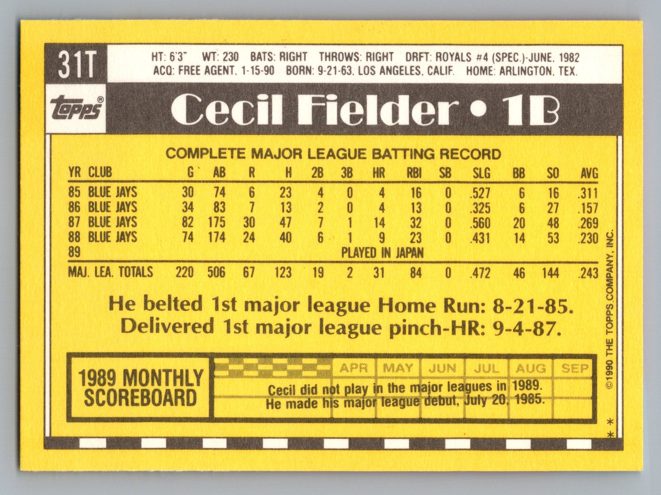 1990 Topps Traded #31T Cecil Fielder Gray Card Stock (Pack Version)