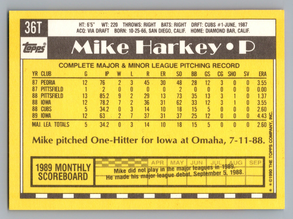 1990 Topps Traded #36T Mike Harkey Gray Card Stock (Pack Version)