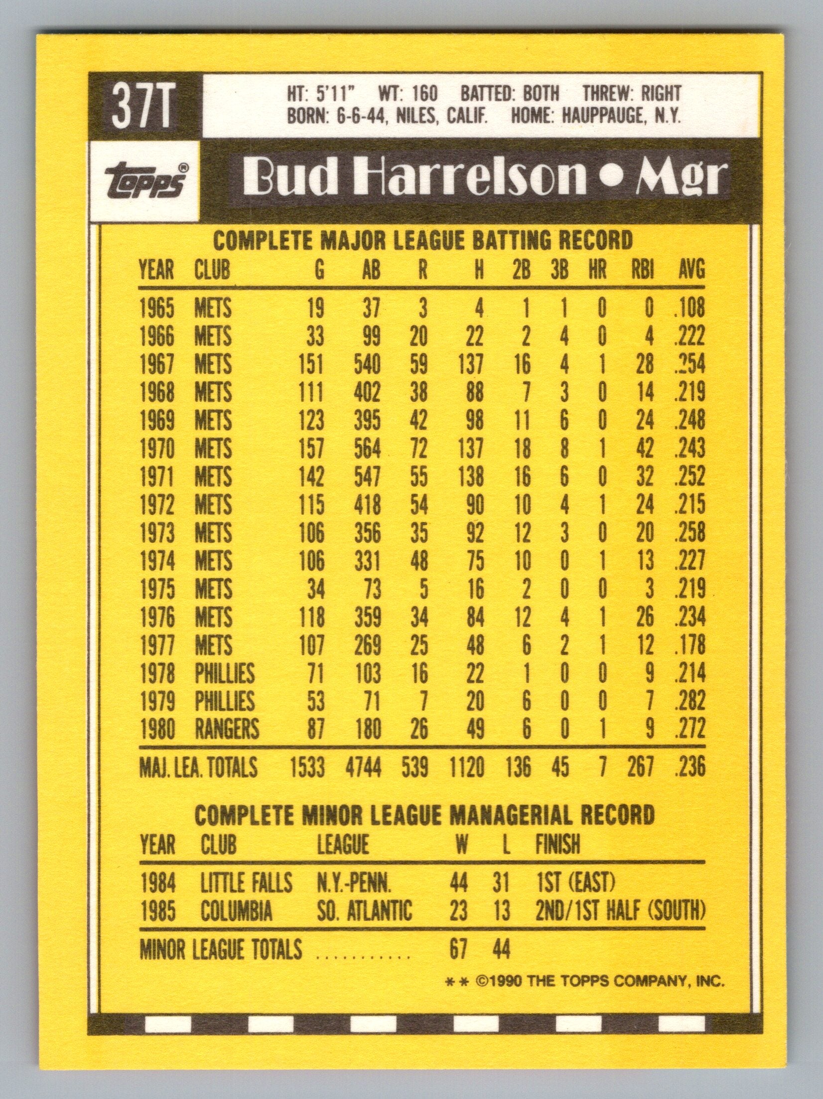 1990 Topps Traded #37T Bud Harrelson Gray Card Stock (Pack Version)