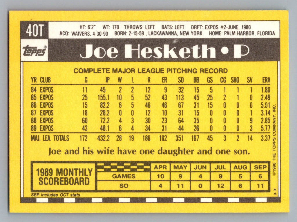 1990 Topps Traded #40T Joe Hesketh Gray Card Stock (Pack Version)