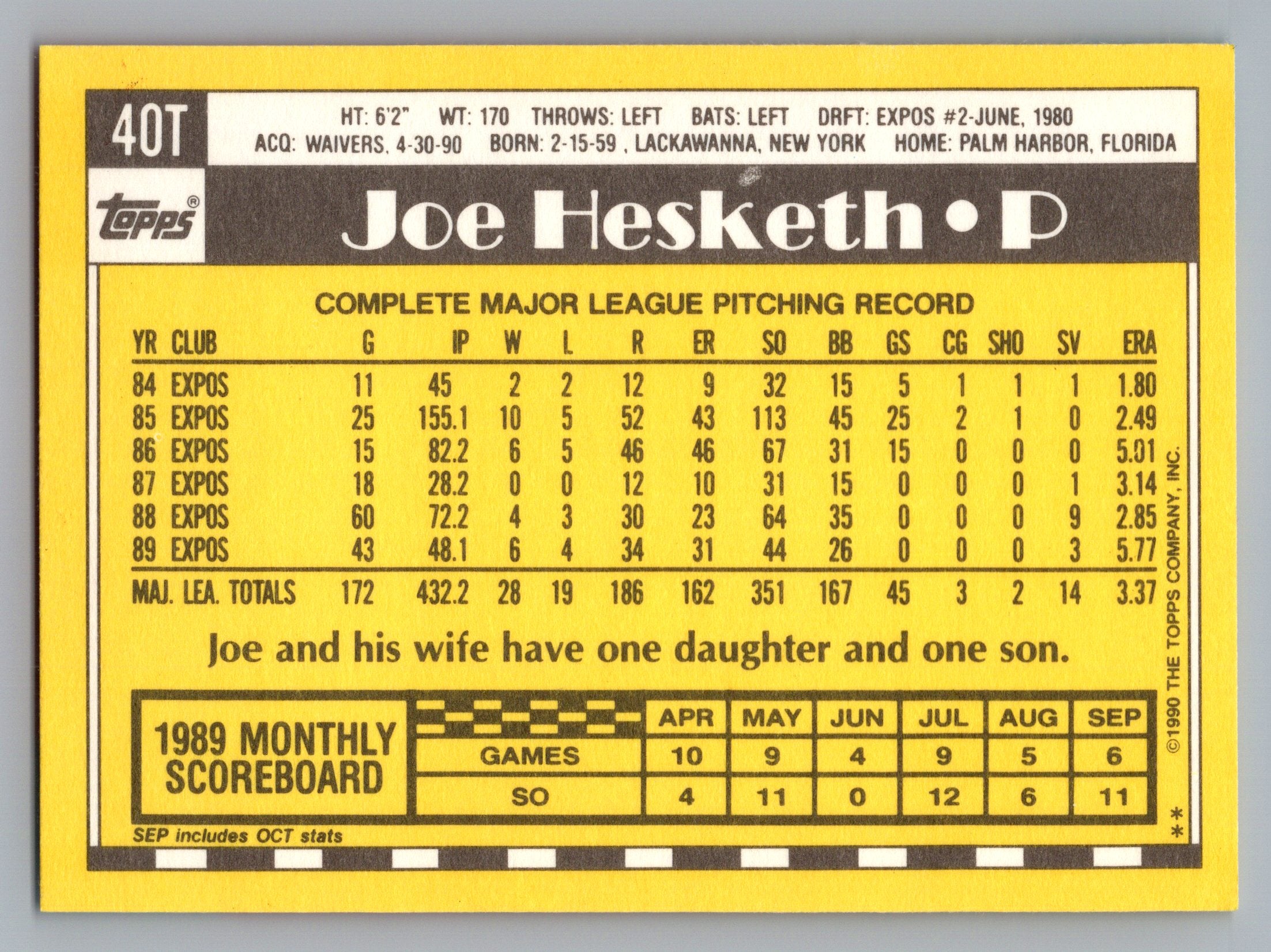 1990 Topps Traded #40T Joe Hesketh Gray Card Stock (Pack Version)