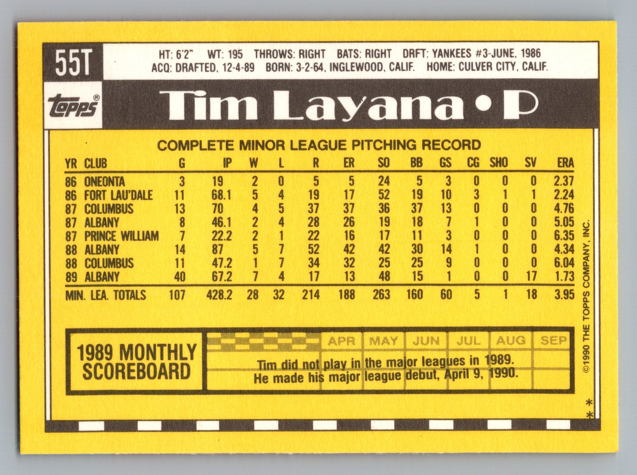 1990 Topps Traded #55T Tim Layana Gray Card Stock (Pack Version)