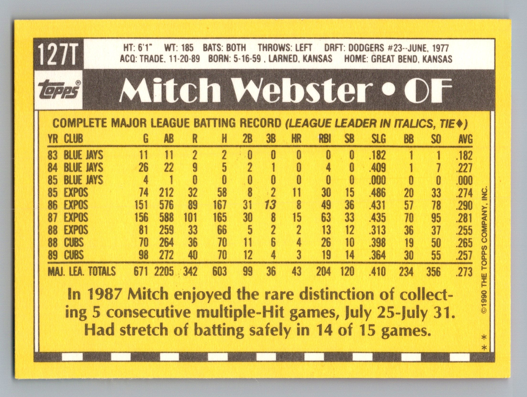 1990 Topps Traded #127T Mitch Webster Gray Card Stock (Pack Version)