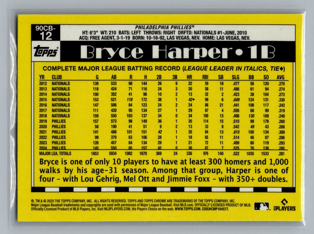2025 Topps Chrome #90CB-12 Bryce Harper 1990 Topps Baseball 35th Anniversary