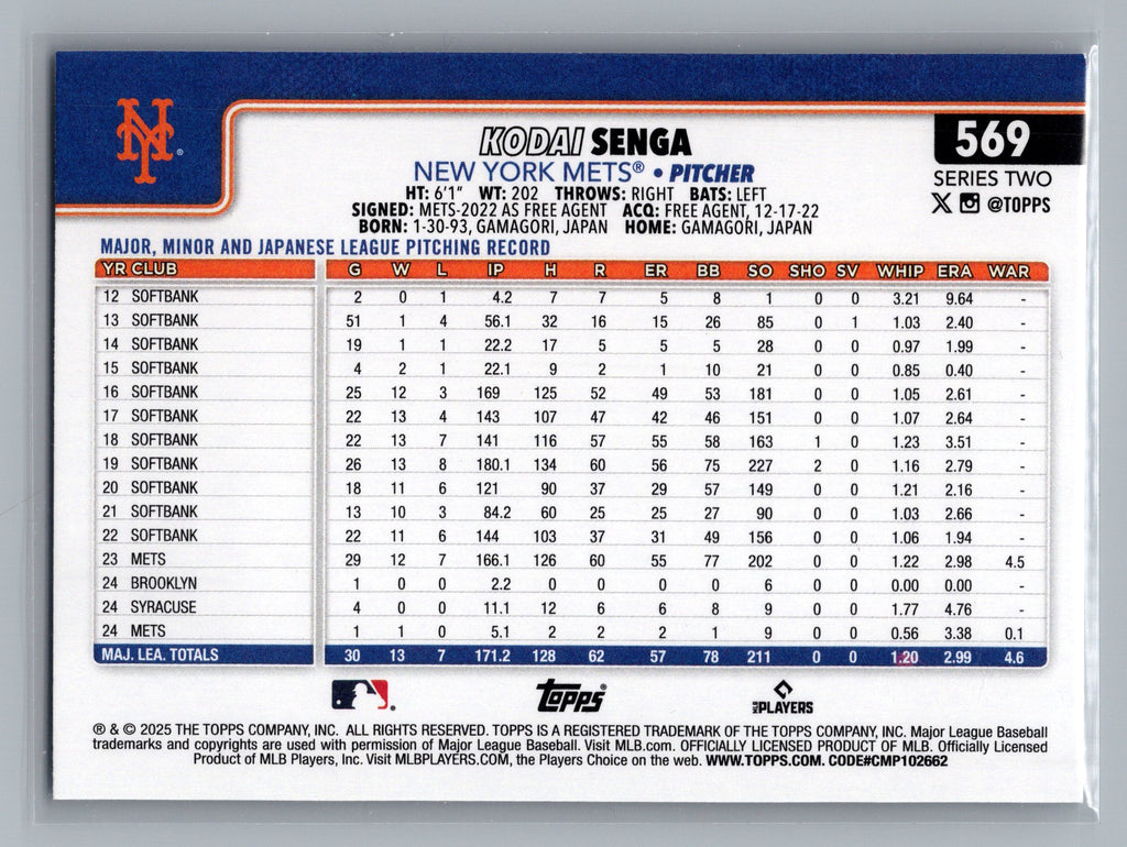 2025 Topps #569 Kodai Senga Rainbow Foil