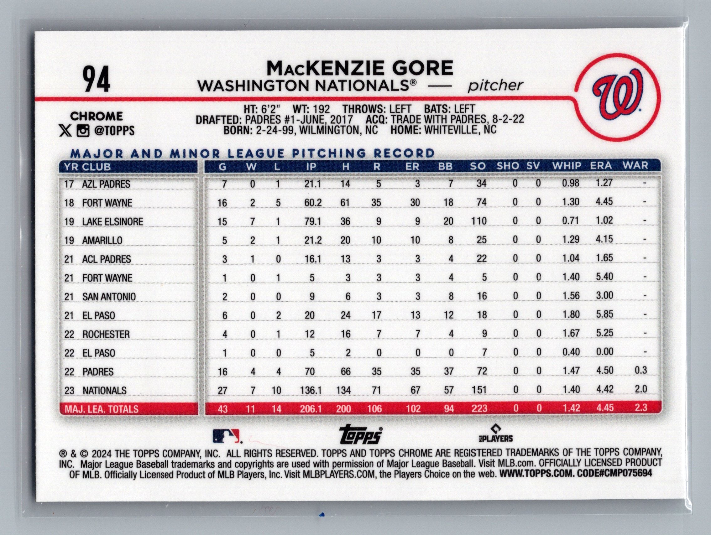 2024 Topps Chrome #94 MacKenzie Gore Sepia Refractors