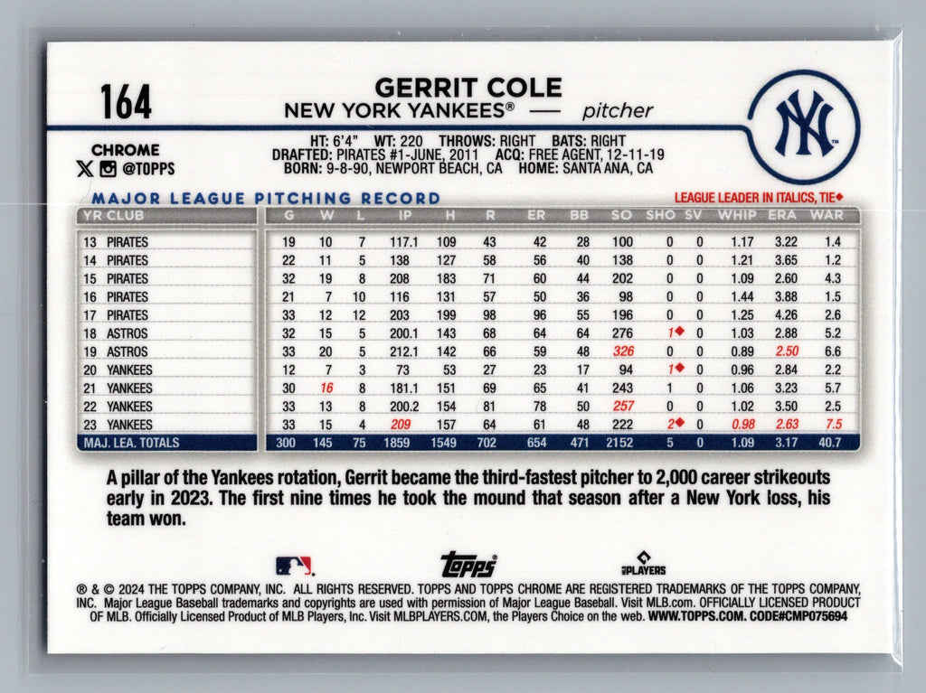 2024 Topps Chrome #164 Gerrit Cole