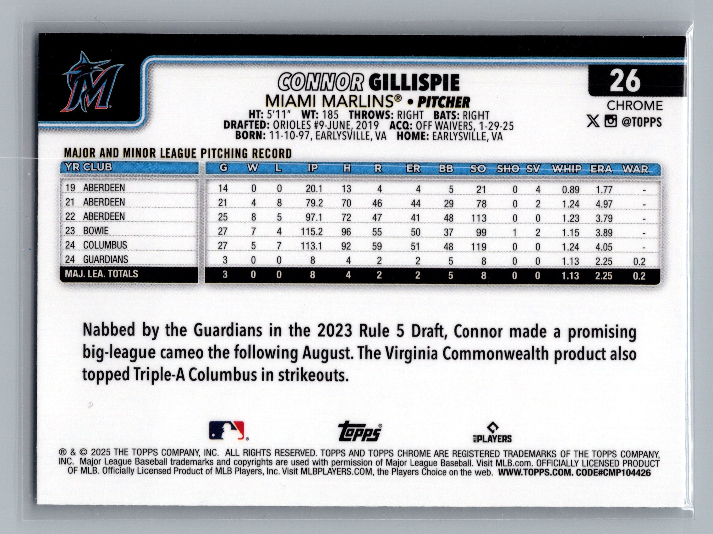 2025 Topps Chrome #26 Connor Gillispie Prism Refractors