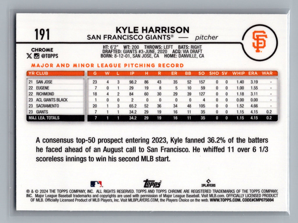 2024 Topps Chrome #191 Kyle Harrison Sepia Refractors