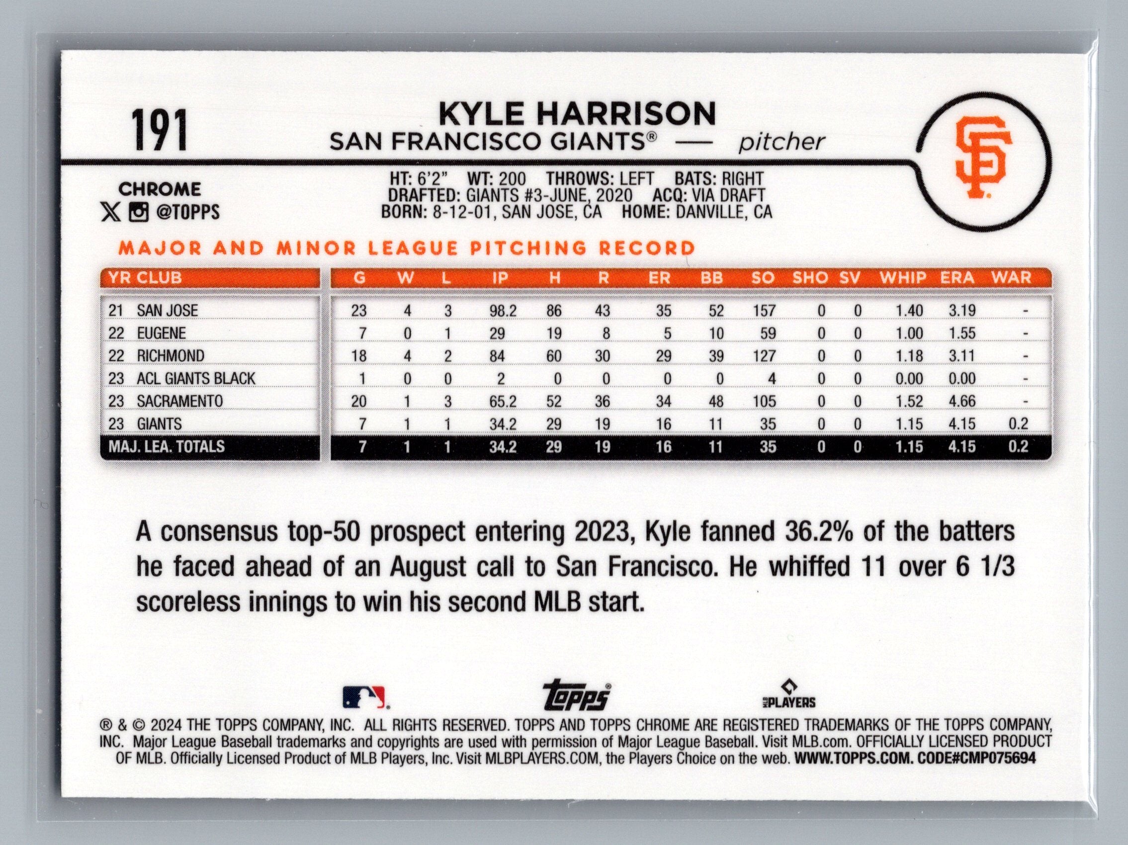 2024 Topps Chrome #191 Kyle Harrison Sepia Refractors