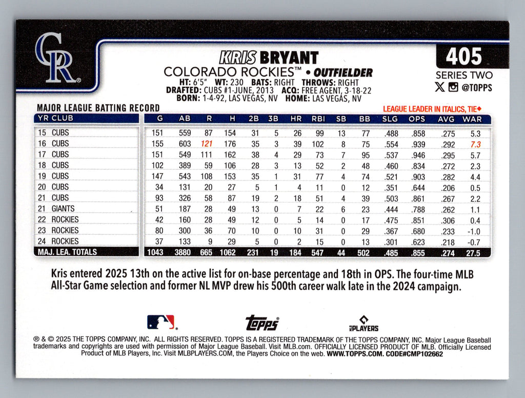 2025 Topps #405 Kris Bryant Rainbow Foil