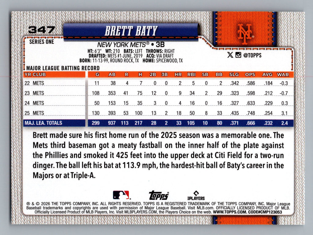 2026 Topps #347 Brett Baty Spring Training