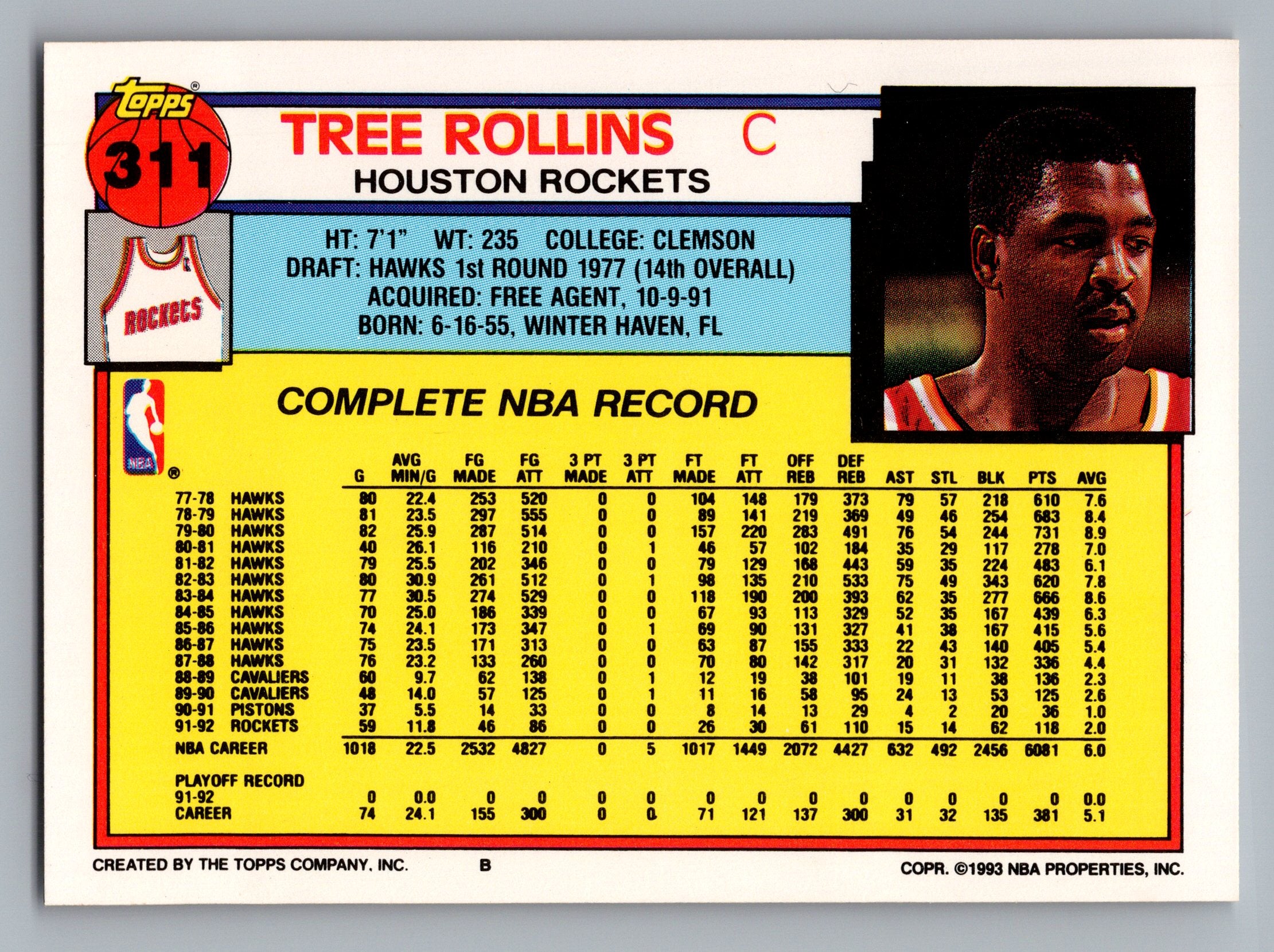 1992-93 Topps #311 Tree Rollins