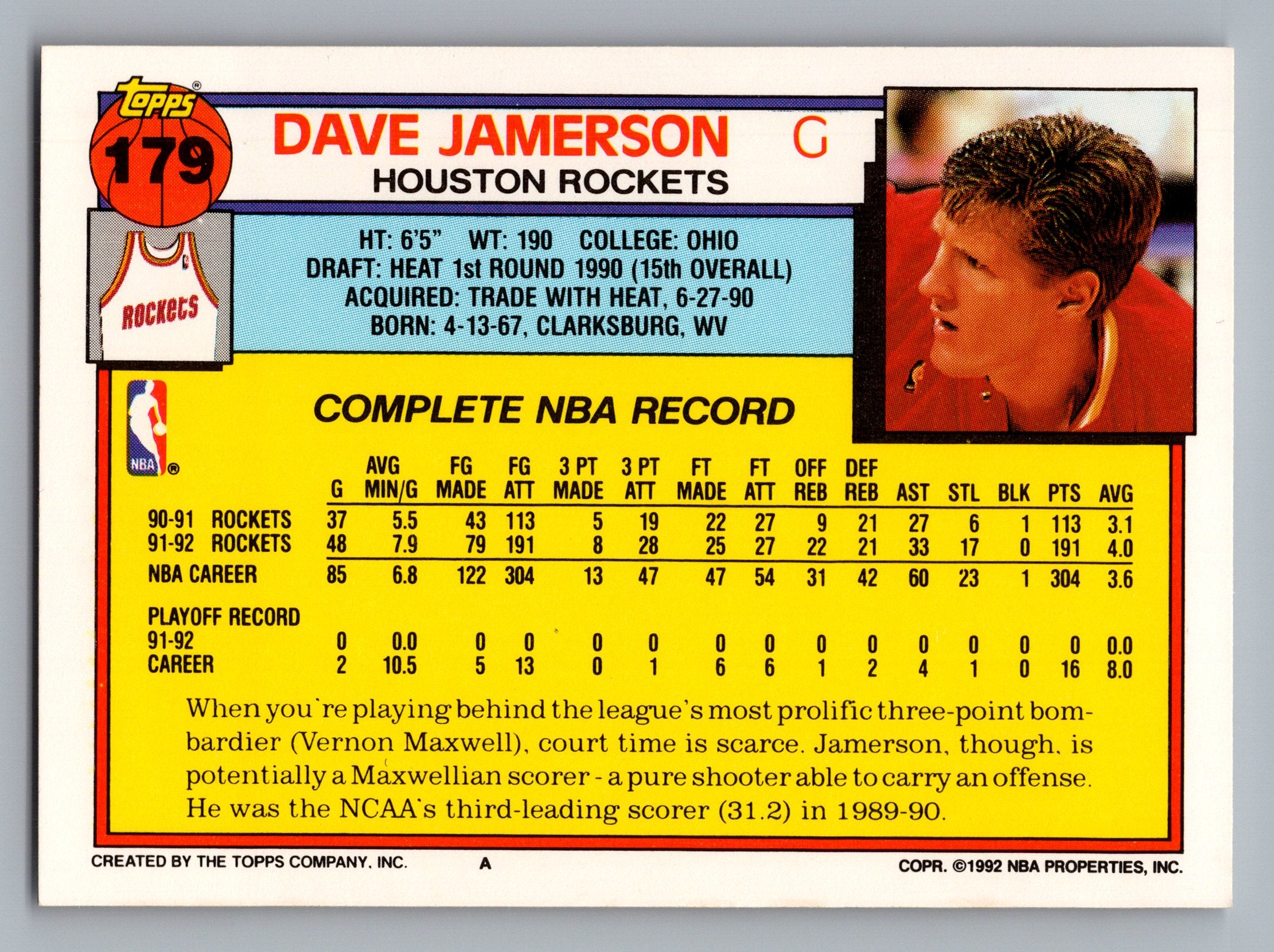 1992-93 Topps #179 Dave Jamerson